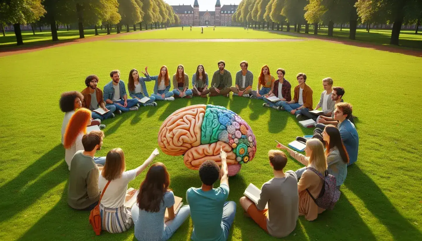Estudiantes de diversas edades y orígenes sentados en círculo en un parque, discutiendo sobre un modelo anatómico del cerebro humano en un día soleado.