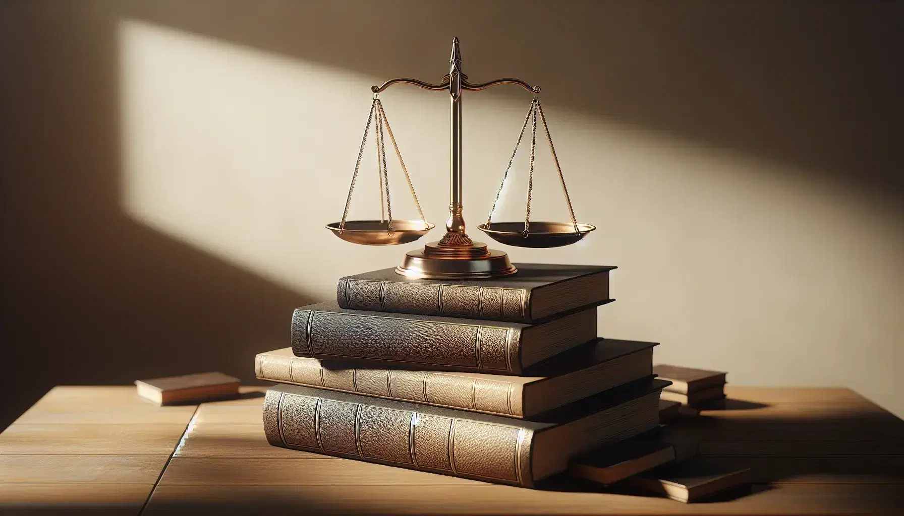 Pila de libros sobre mesa de madera con balanza de la justicia dorada equilibrada, sin textos visibles, iluminada por luz natural.
