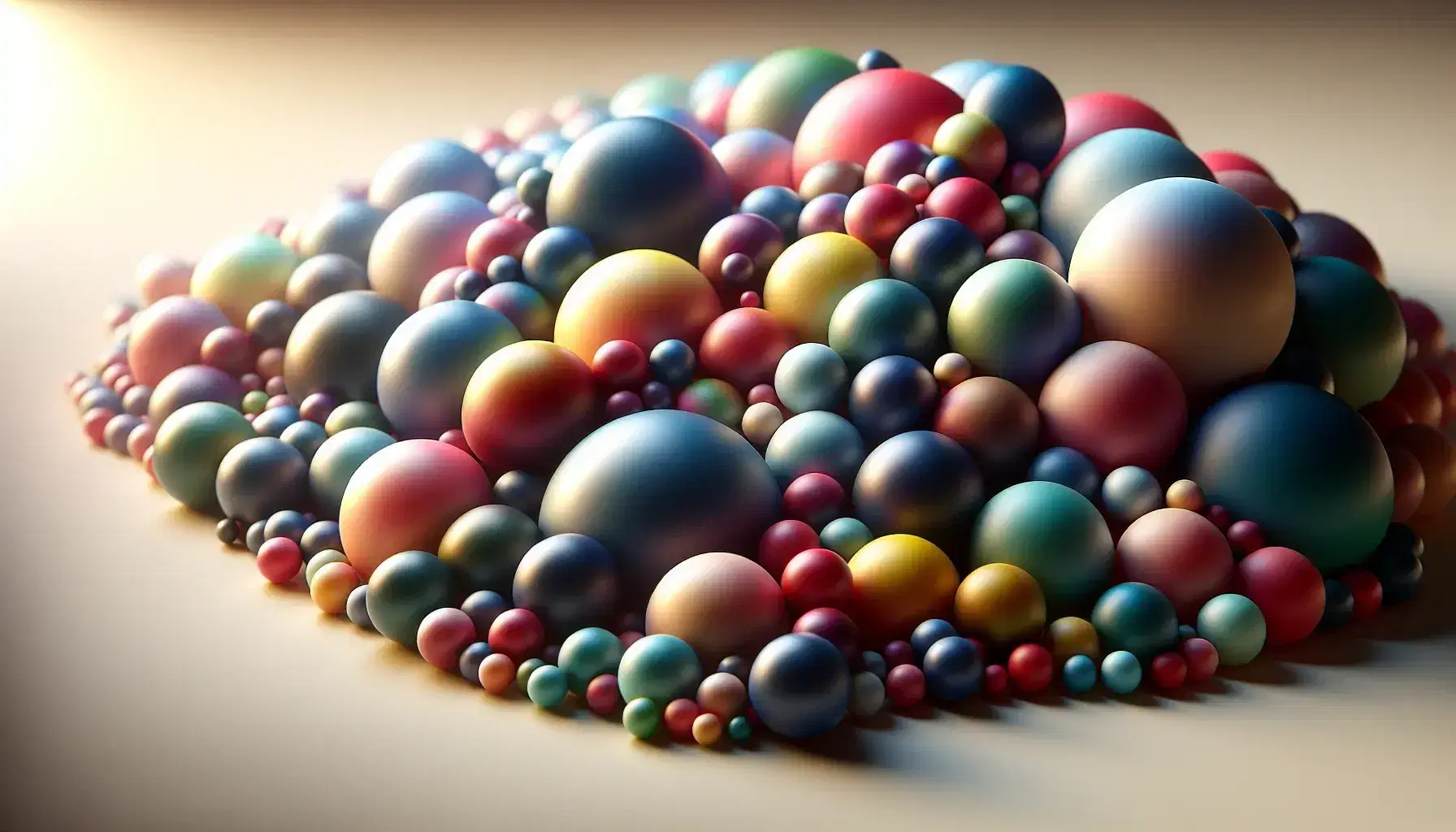Colored three-dimensional spheres on a neutral surface with soft light effects and delicate shadows, randomly arranged and without symbols.