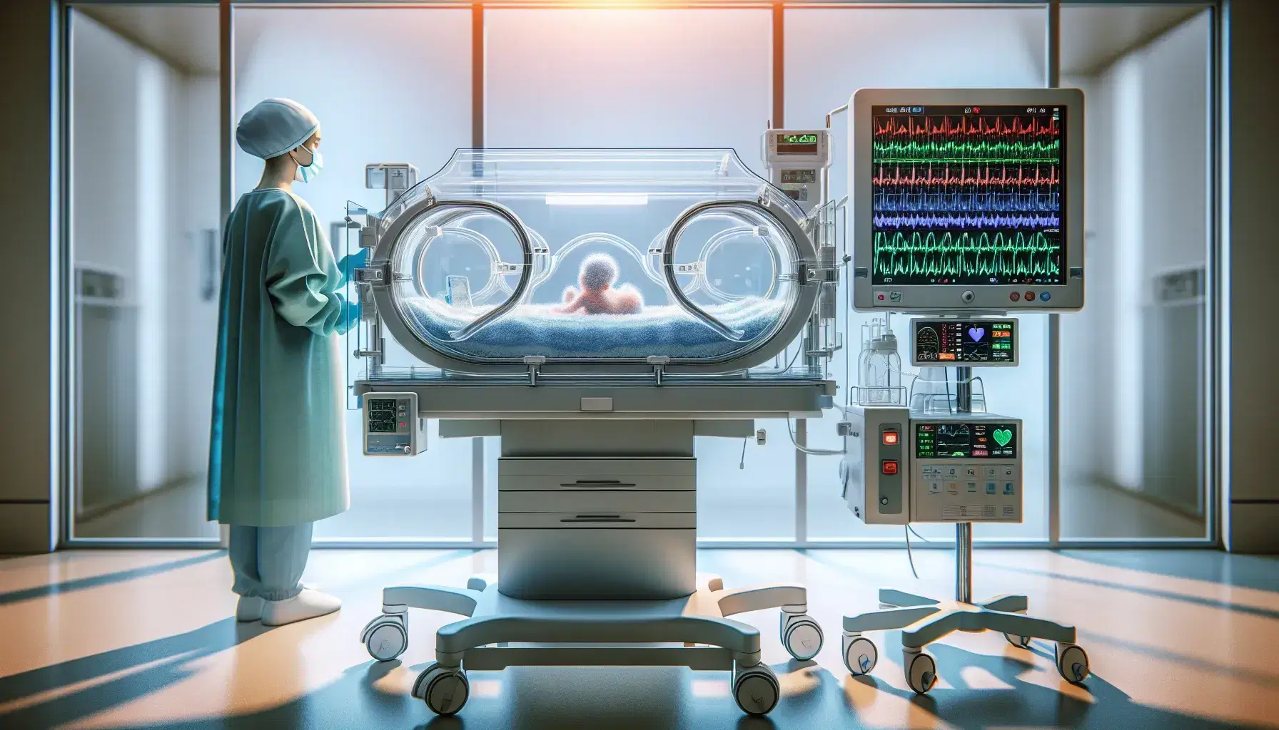 Incubadora neonatal transparente con bebé difuso en cuidados intensivos, monitor médico con gráficos y profesional de la salud atento en hospital.
