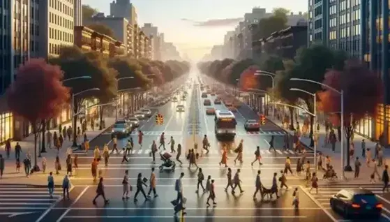 Urban scene at dusk with colorful pedestrians, traffic on the street, autumn trees and city skyline in the distance.