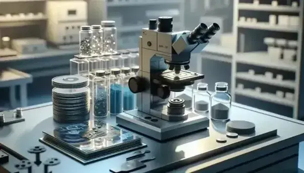 Microscopio electrónico en primer plano con oculares enfocados y wafers de silicio al lado, estantes con frascos de polvos y cristales en laboratorio iluminado suavemente.