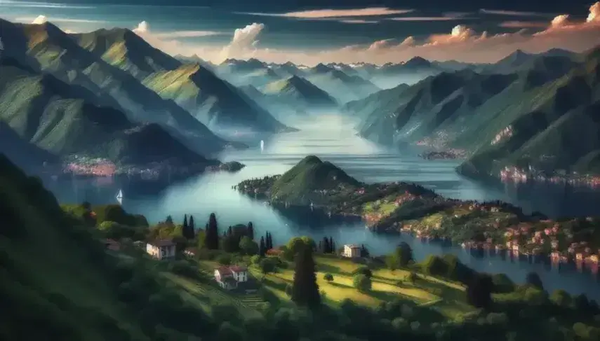 Vista panoramica del Lago di Como con riflessi del cielo azzurro nelle acque calme, barchetta a vela, e montagne verdi circostanti.