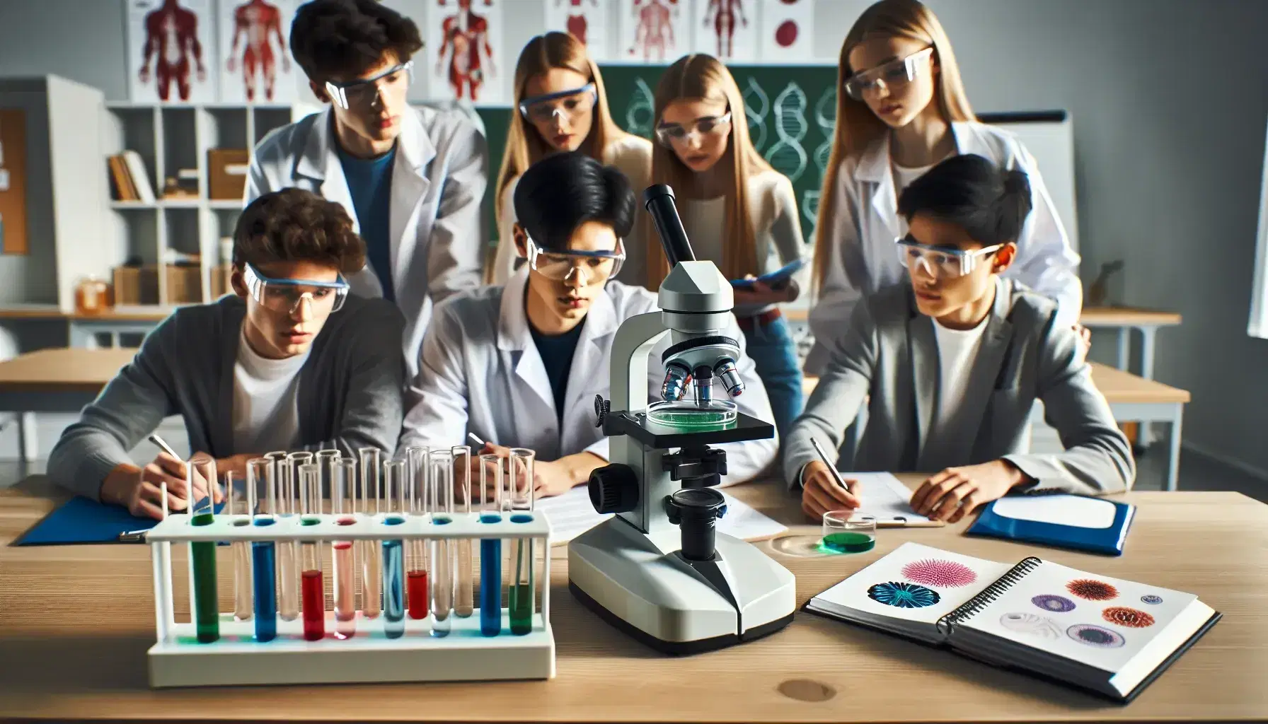 Estudiantes diversos en laboratorio de biología colaborando alrededor de una mesa con microscopio y tubos de ensayo con líquidos de colores, tomando notas y analizando muestras.