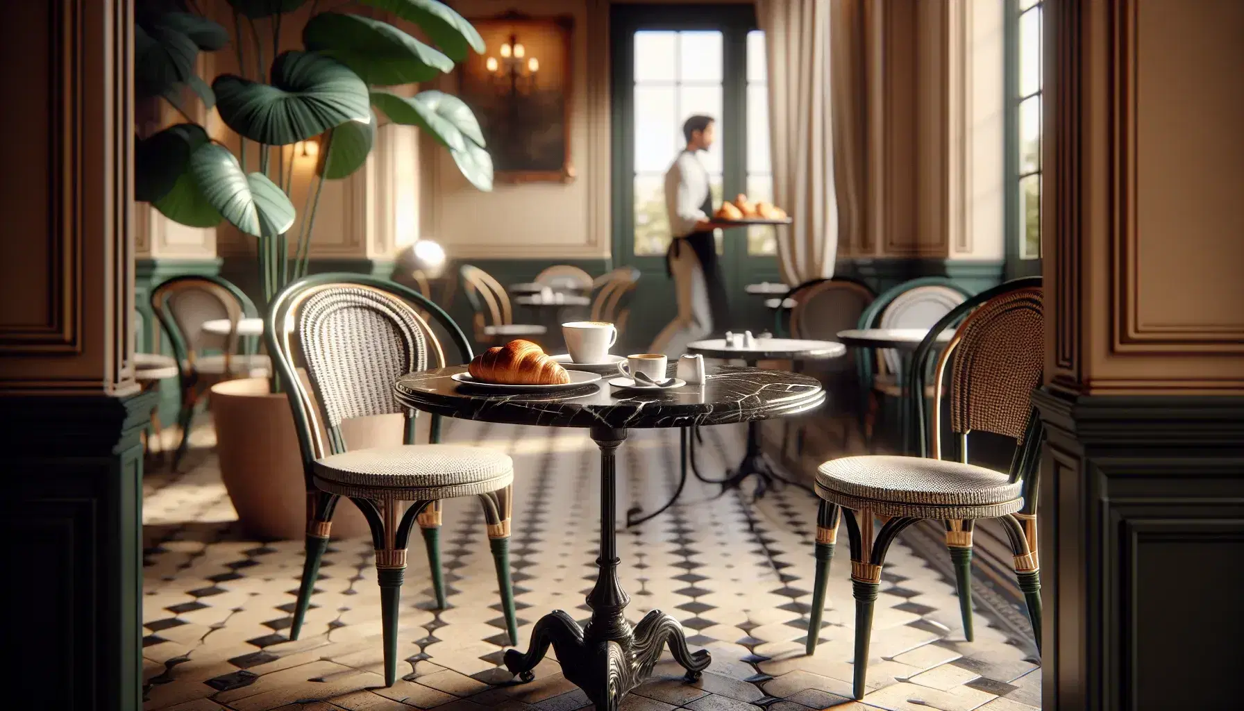 Cozy French café scene with a marble-topped bistro table, woven chairs, a steaming coffee cup, a golden croissant, and a blurred waiter in the background.