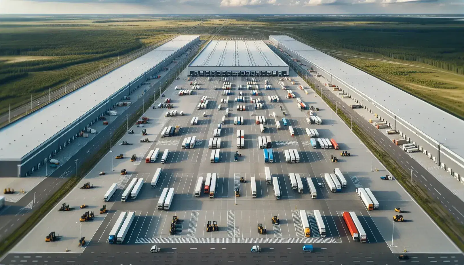 Vista aérea de centro de distribución logístico con camiones en muelles de carga, almacén central y vehículos pequeños en movimiento.