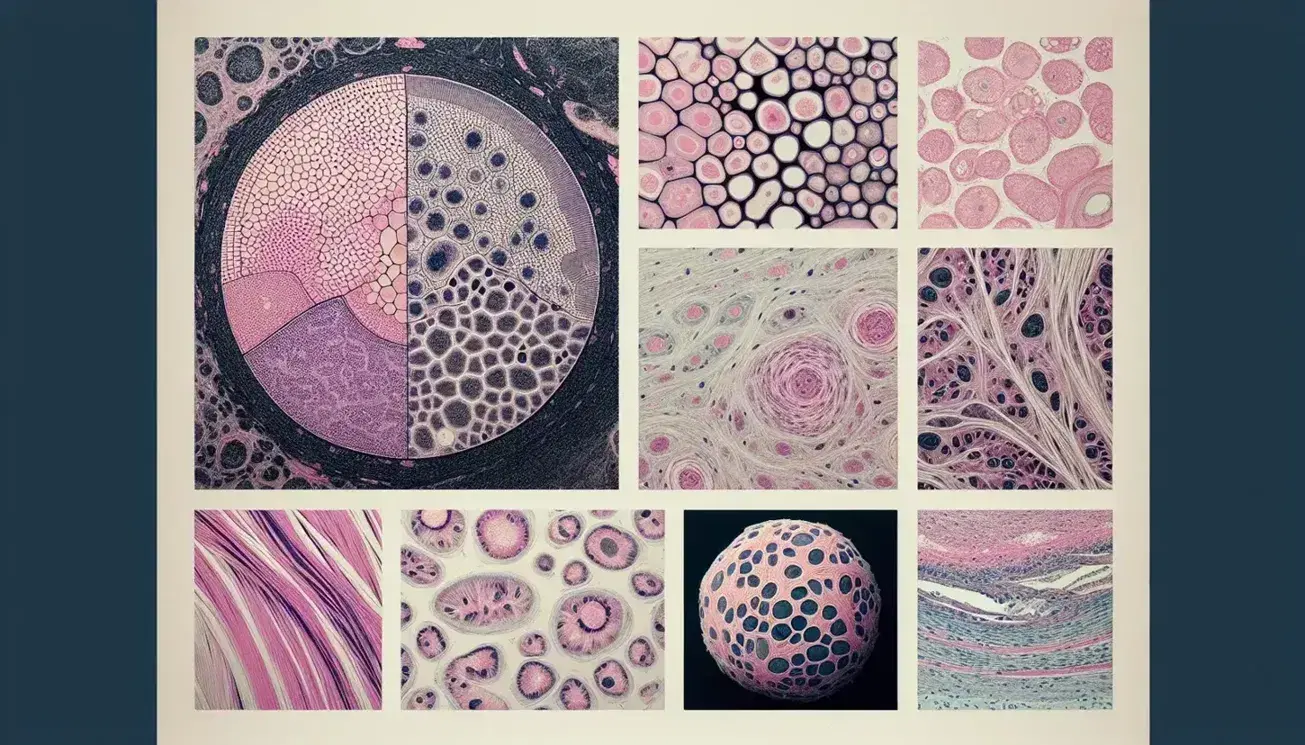 Sección de tejidos humanos bajo microscopio electrónico mostrando tejido epitelial, conectivo, muscular estriado y liso, nervioso y glandular con detalles celulares y fibras.