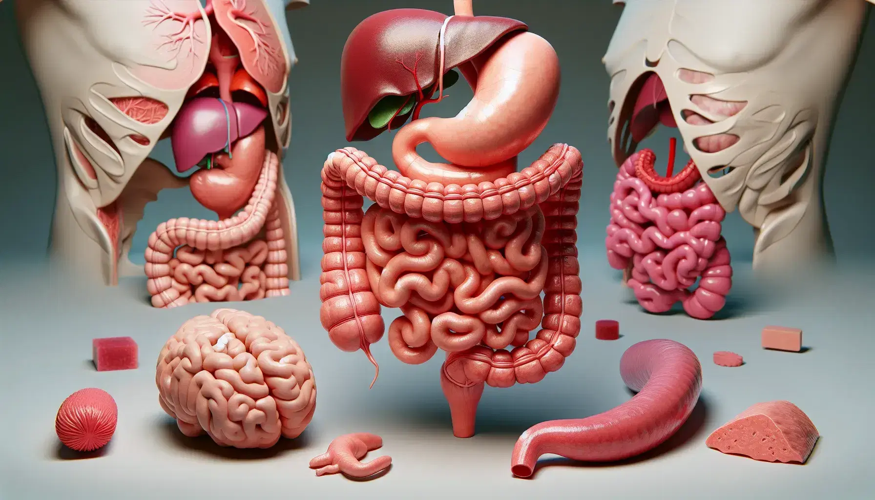 Modelo anatómico tridimensional del sistema digestivo humano mostrando el tracto desde la boca hasta el intestino grueso, incluyendo hígado, vesícula biliar y páncreas.