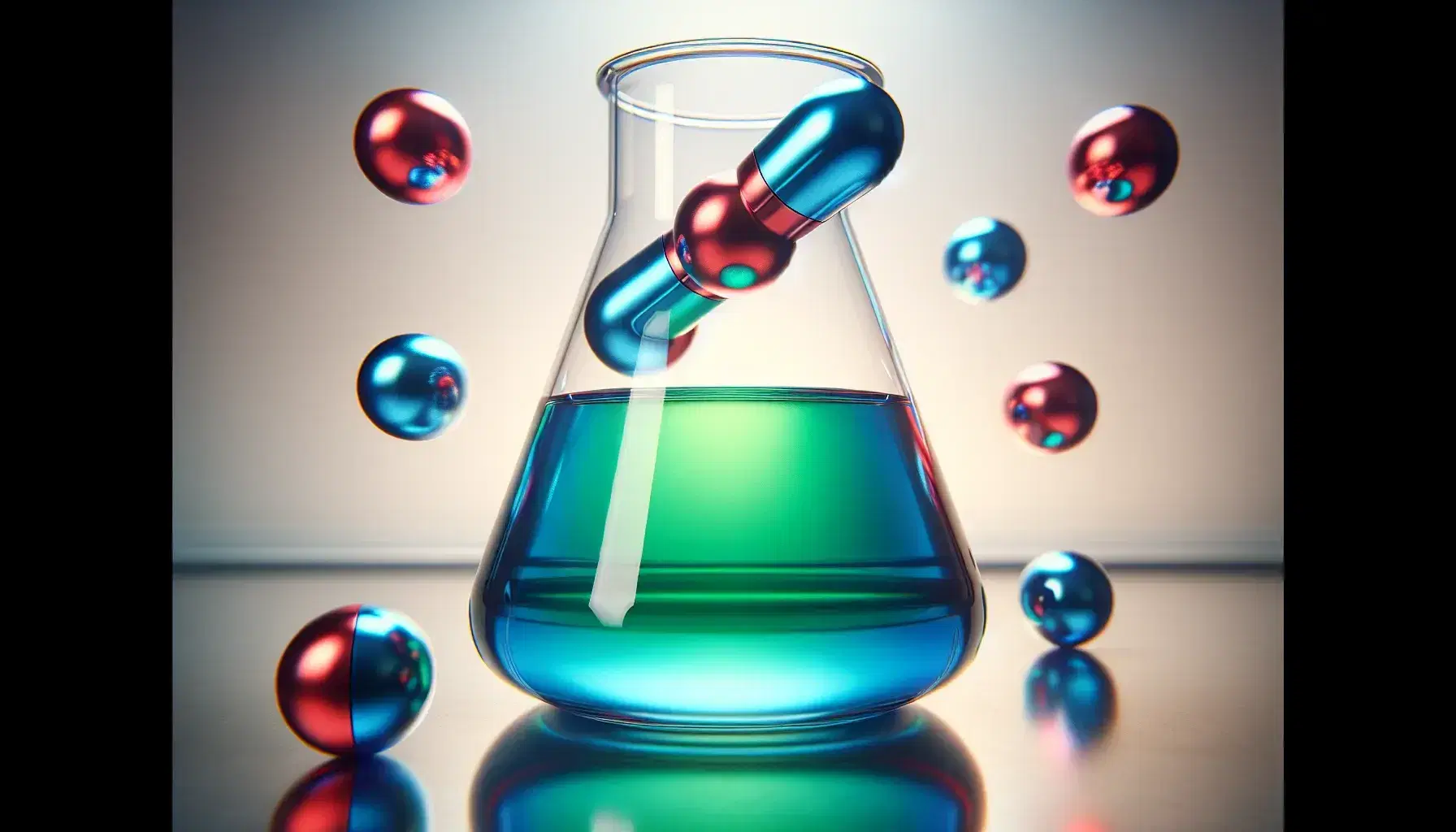 Glass flask with colored liquid on reflective surface, red and blue spherical magnets suspended above, blurred background.