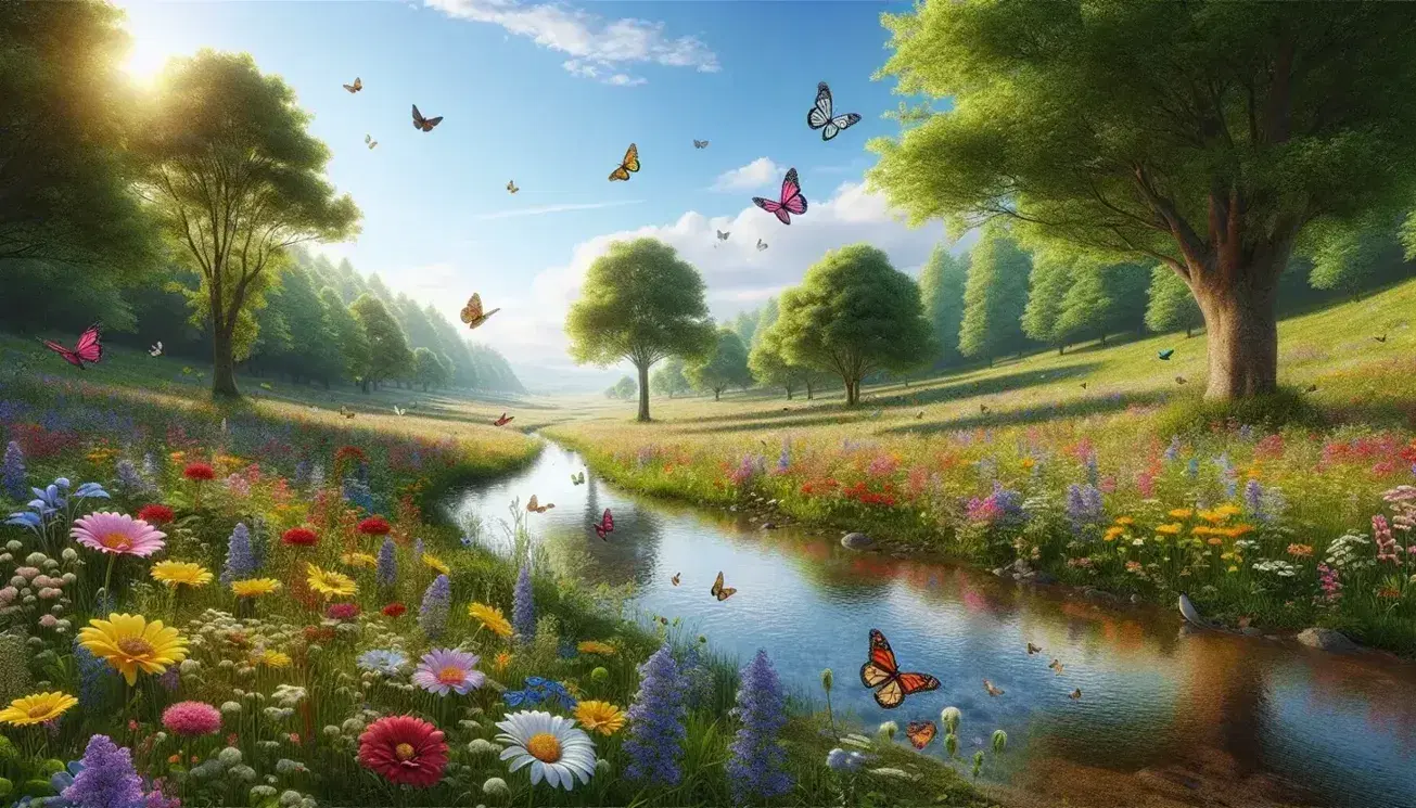 Paisaje primaveral con campo de flores silvestres multicolores, mariposas, arroyo serpenteante, bosque frondoso y colinas verdes bajo cielo azul con nubes.