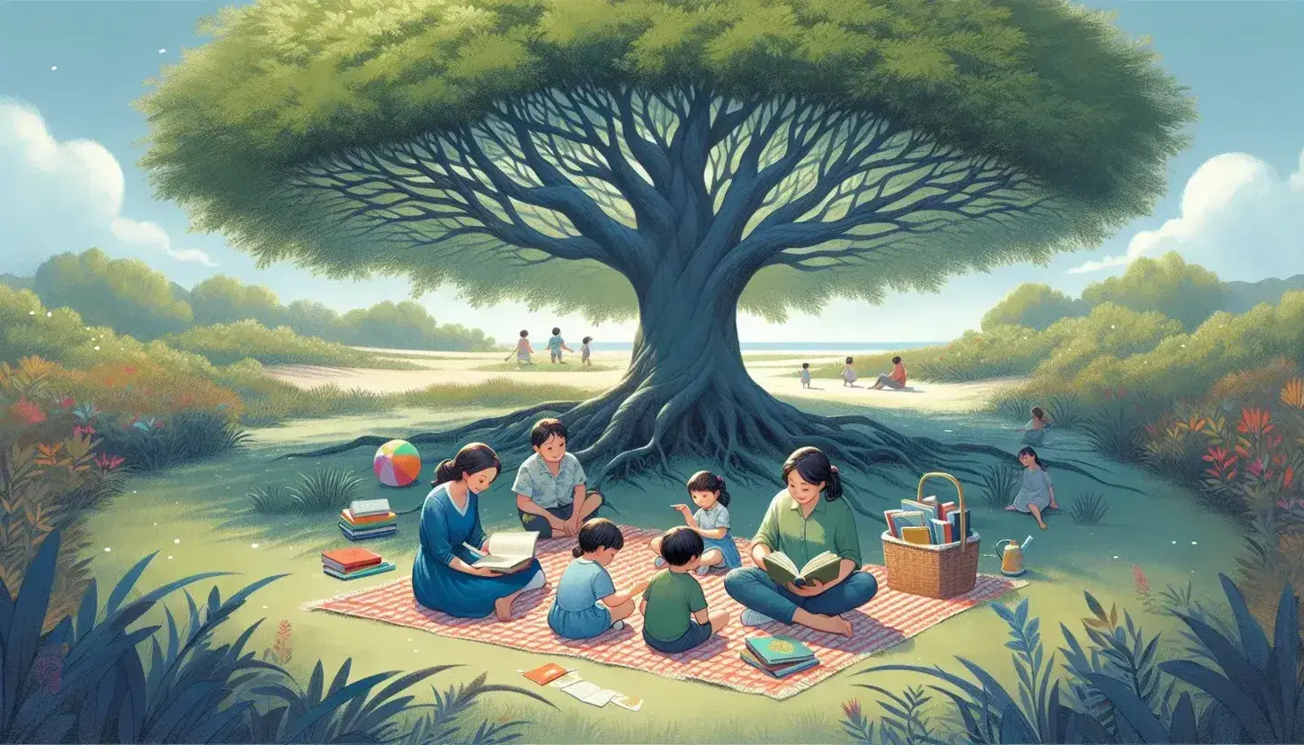 Familia disfrutando de un picnic bajo un árbol frondoso, leyendo un libro juntos en un día soleado con cielo azul y nubes dispersas.