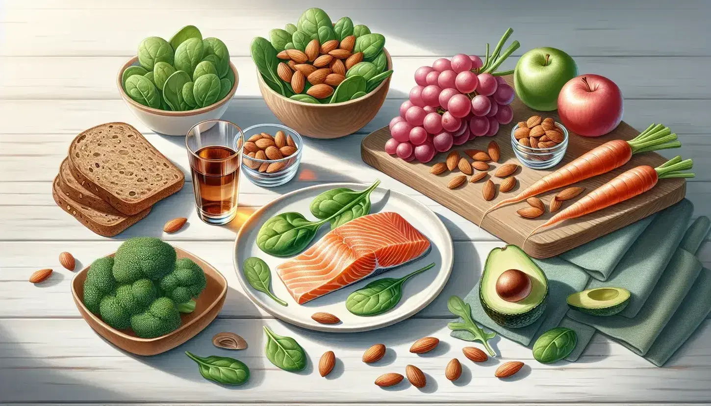 Mesa de madera con alimentos saludables incluyendo salmón rosado, espinacas, uvas rojas, almendras, pan integral y medio aguacate, iluminados naturalmente.