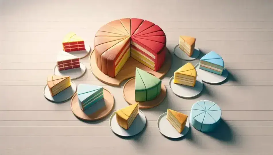 Torte colorate in rosso, verde, blu e giallo divise in fette su tavolo in legno chiaro, alcune porzioni accanto ai dolci pronte per essere servite.