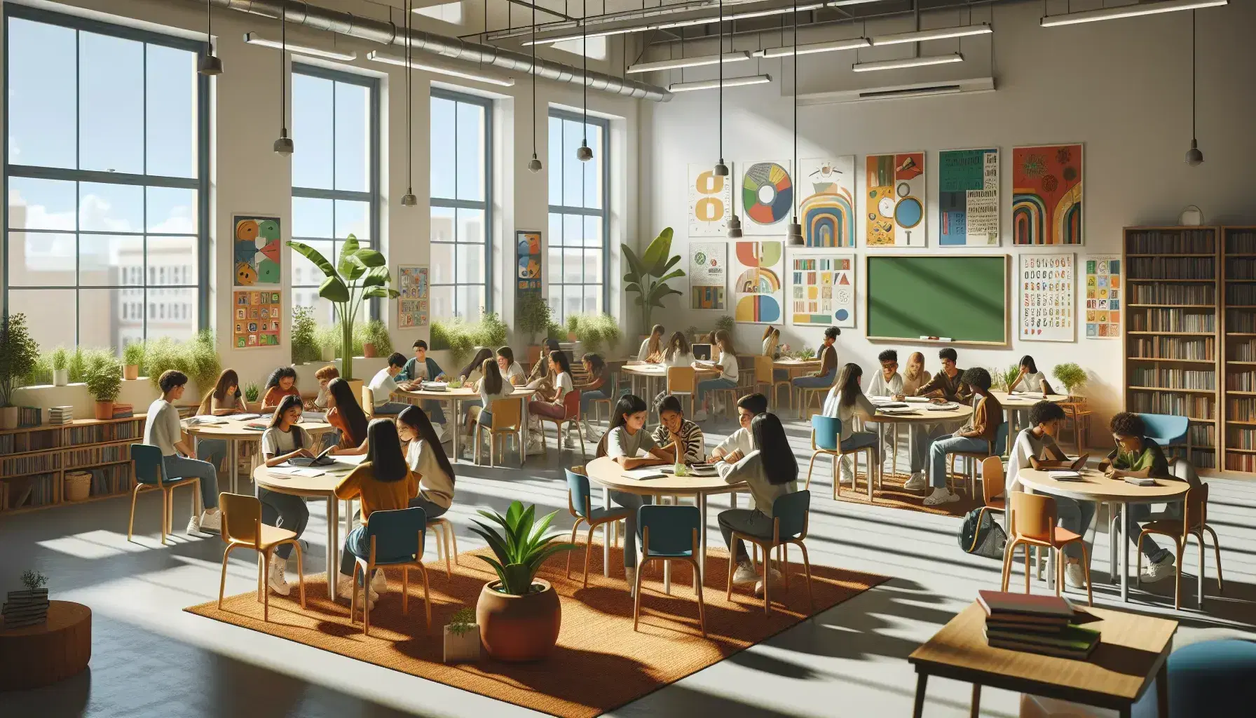 Aula espaciosa con luz natural, estudiantes de diversas etnias colaborando en mesas redondas, pizarra blanca al frente y rincón de lectura acogedor.