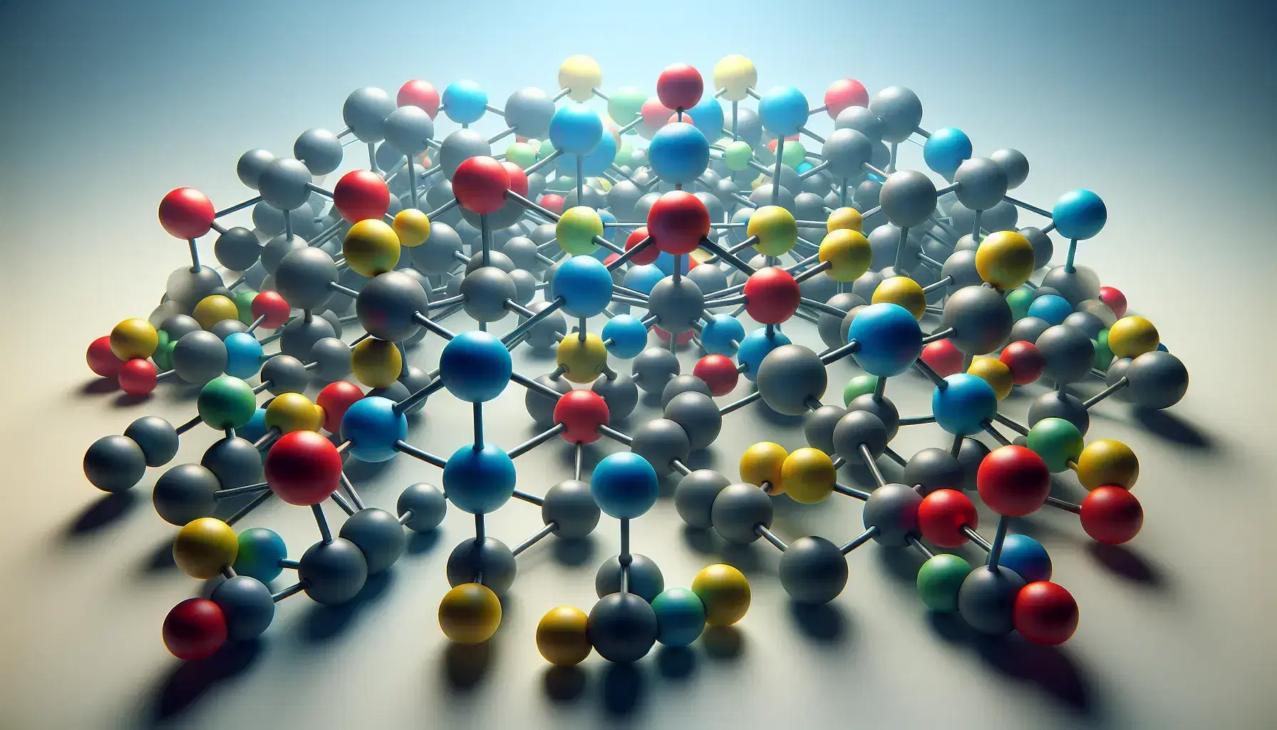 Estructura molecular tridimensional con esferas de colores azul, rojo, verde y amarillo unidas por varillas grises sobre fondo blanco.