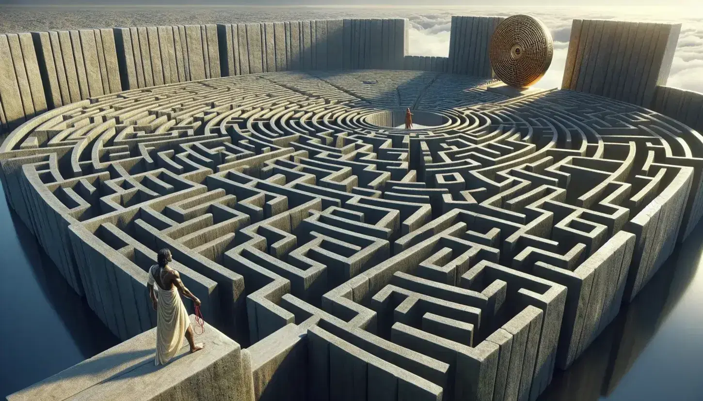 Labirinto in pietra con Minotauro al centro, eroe in armatura all'ingresso e donna con filo rosso osserva, sotto cielo azzurro.