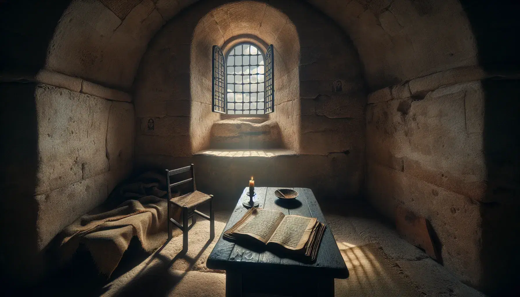 Cella monastica antica con finestra aperta, muri in pietra, libro rilegato in pelle su tavolo, candela consumata e sedia di legno.