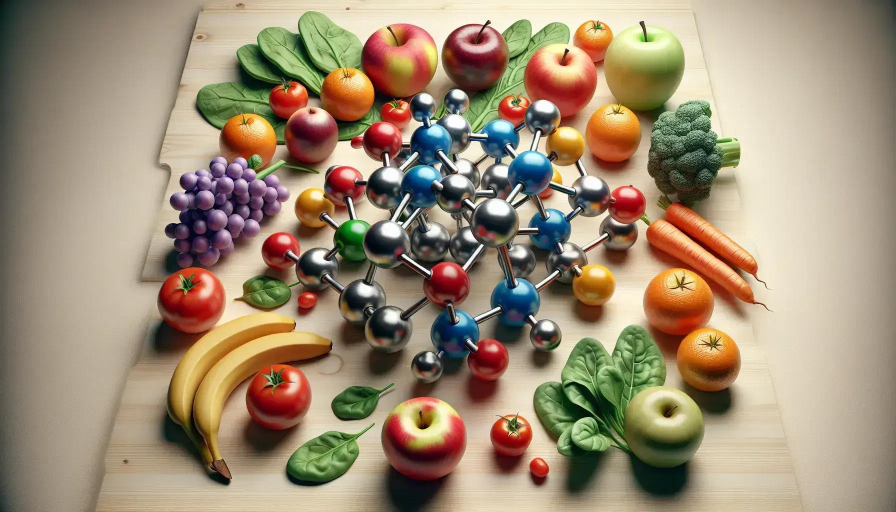 Variedad de frutas y verduras frescas con modelo molecular en el centro sobre superficie de madera clara, destacando colores vivos y texturas naturales.
