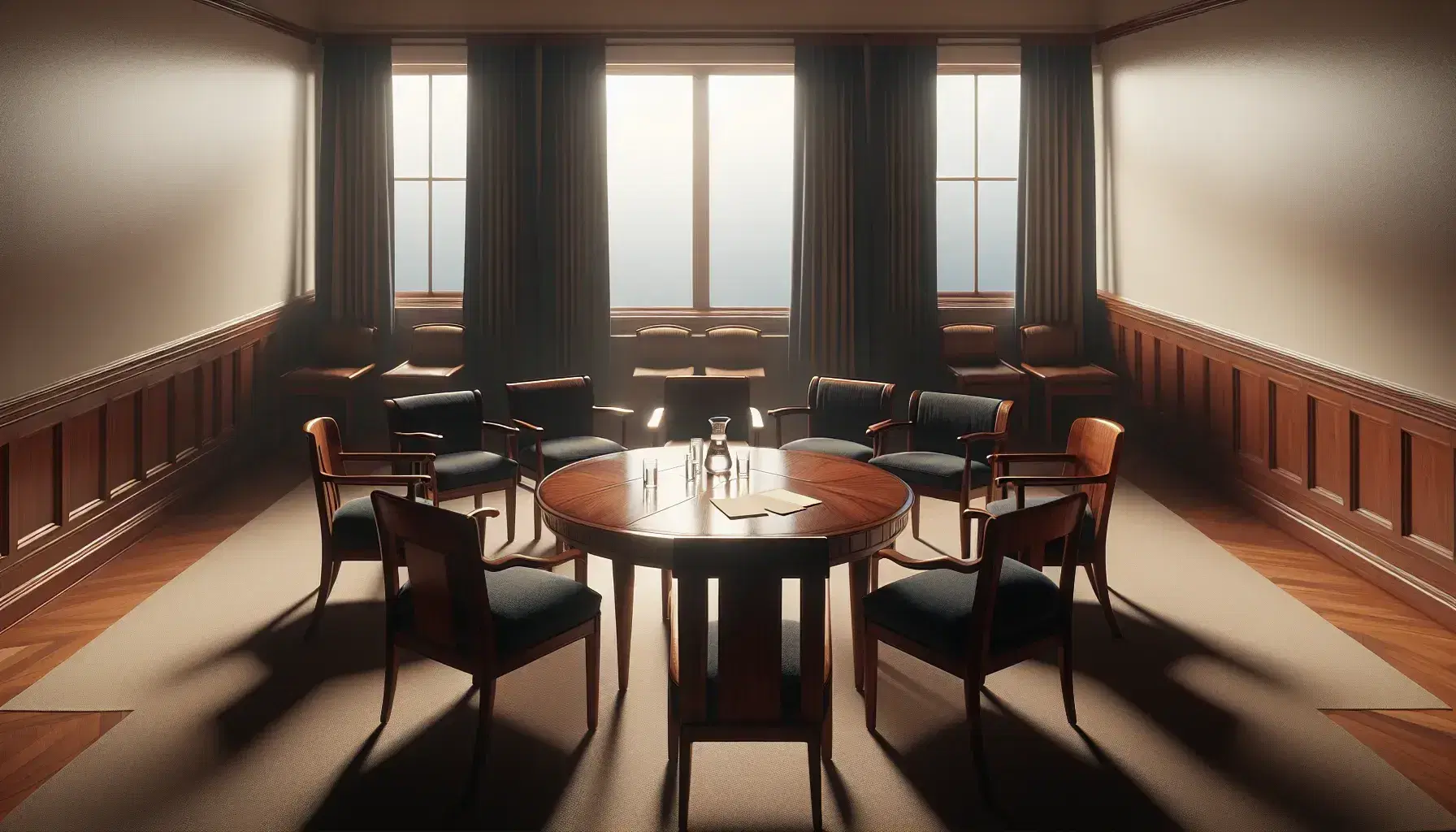 Dimly lit meeting room with a semi-circle of mahogany chairs around a central table with papers and pens, windows with blue curtains, and a water pitcher on a side table.