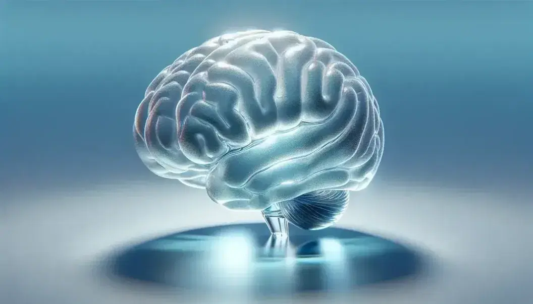 Cerebro humano tridimensional de aspecto vidrioso sobre superficie reflectante con juego de luces y sombras en fondo azul suave.