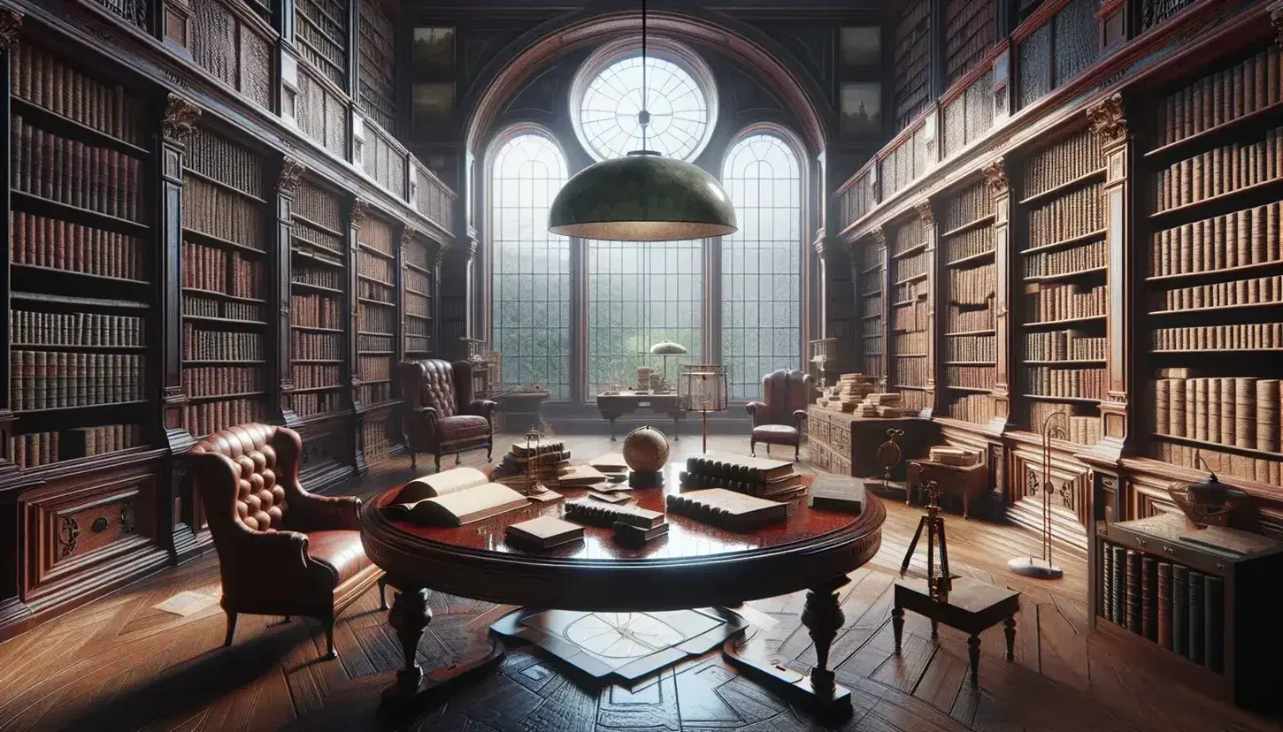 Biblioteca antica con scaffali in legno scuro pieni di libri rilegati, tavolo ovale centrale, poltrona in pelle, telescopio e finestra con vista giardino.