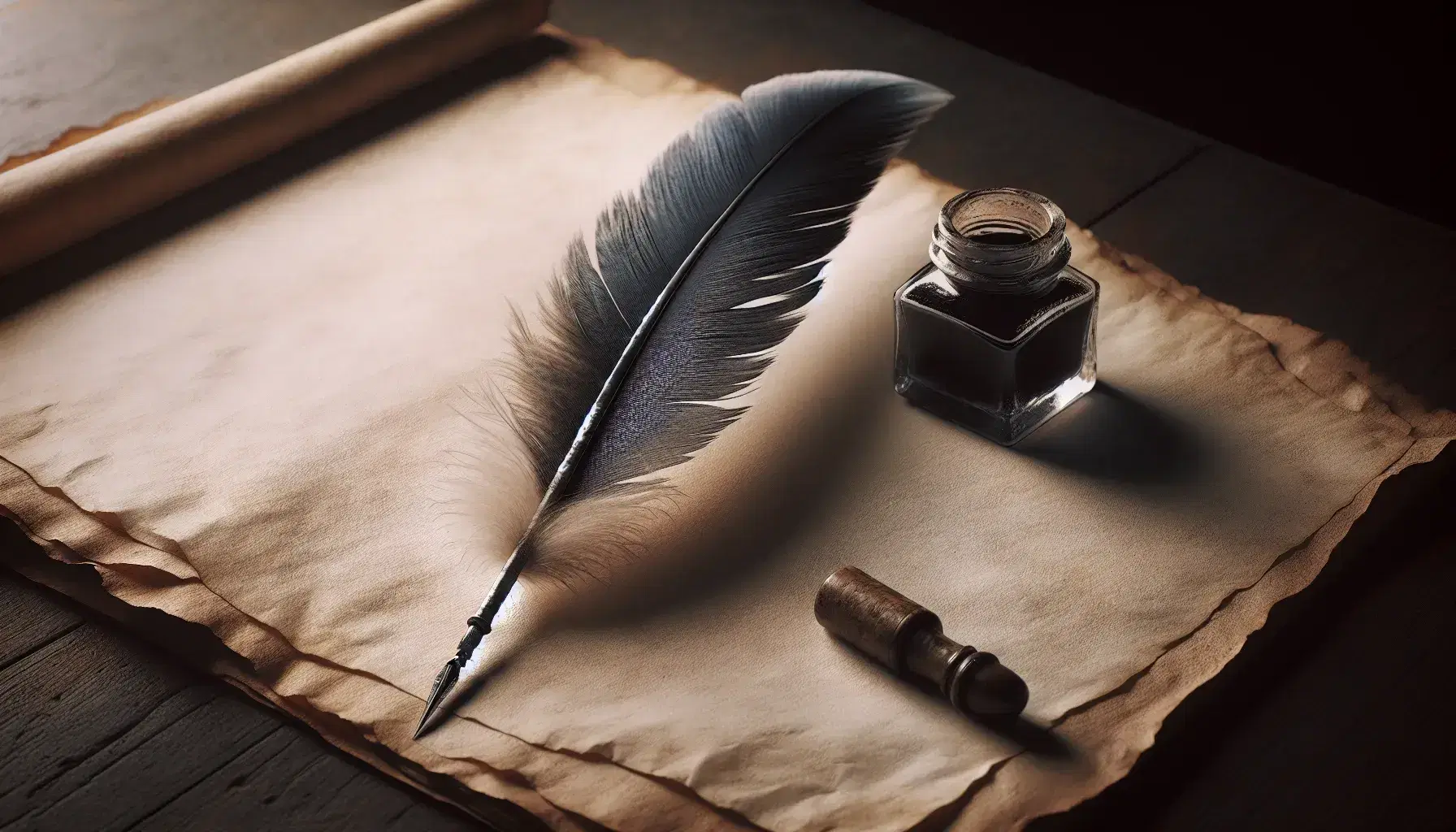 Quill pen and inkwell beside blank parchment on a wooden table, evoking a vintage writing scene with natural lighting and no visible text.