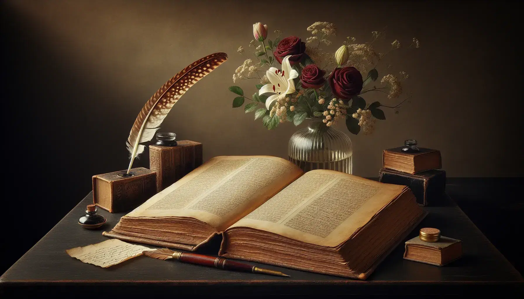 Vintage still life with aged leather-bound book, speckled quill pen and brass inkwell, beside a vase of red roses and white lilies against a green velvet backdrop.