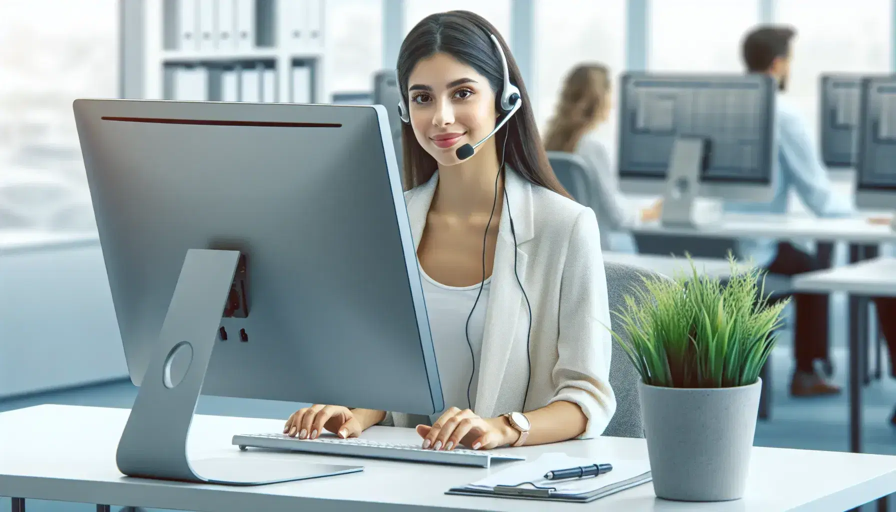 Hispanic female customer service representative with headset engaged in conversation at a modern desk with CRM software on the monitor and a potted plant.