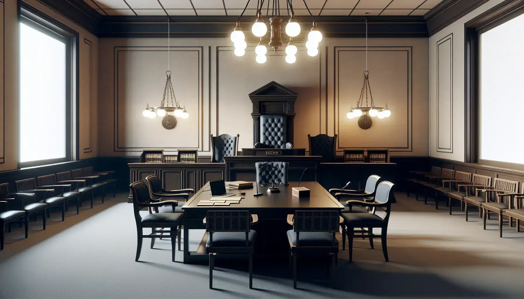 Sala de tribunal vacía con mesa central de madera oscura, estrado para el juez y bancos para el público, iluminada por lámparas colgantes.
