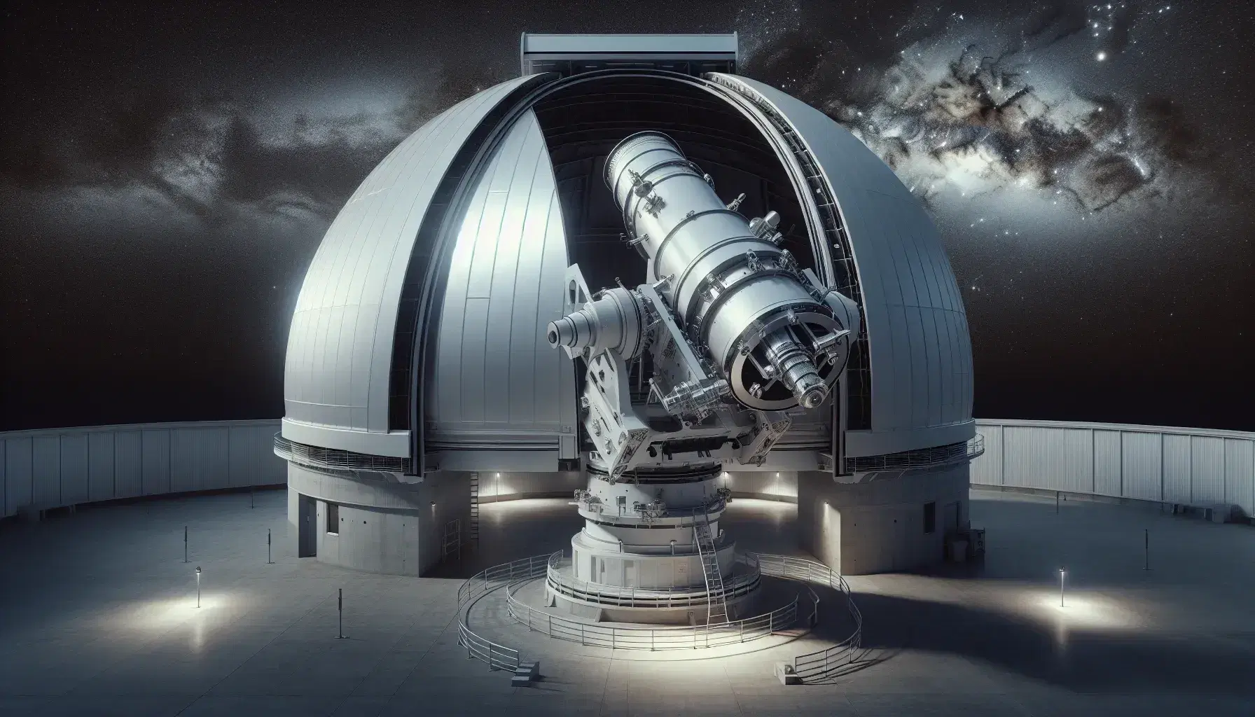 Telescopio reflector grande en observatorio astronómico con cúpula semiesférica abierta, rodeado de cielo estrellado y estructura metálica en suelo de concreto.