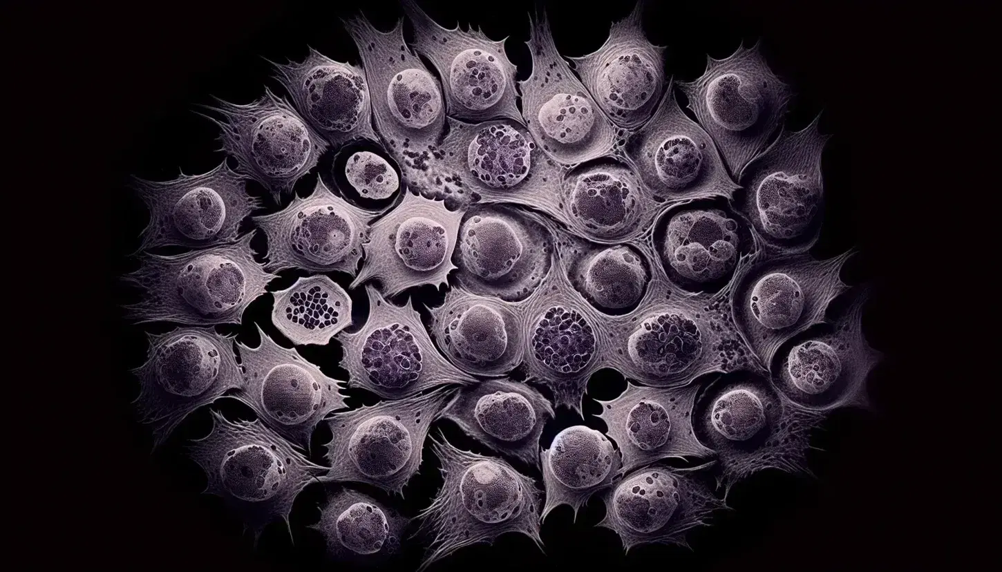 Vista microscópica de células agrupadas con núcleos púrpura y citoplasma rosa a lila, destacando detalles estructurales y organelos internos.