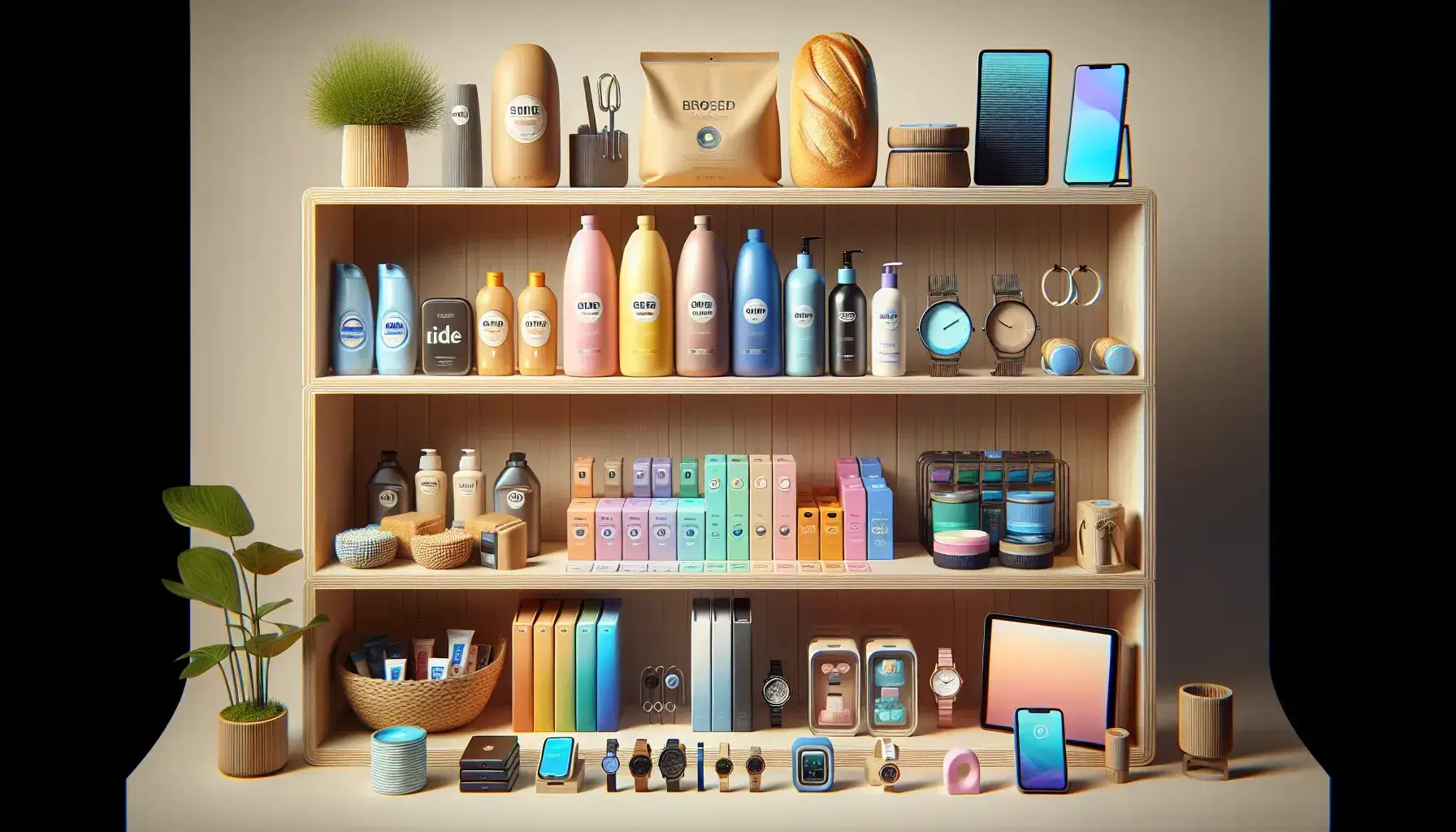 Estante de madera con productos variados, desde alimentos básicos y artículos de higiene personal hasta accesorios de moda, dispositivos electrónicos y libros.
