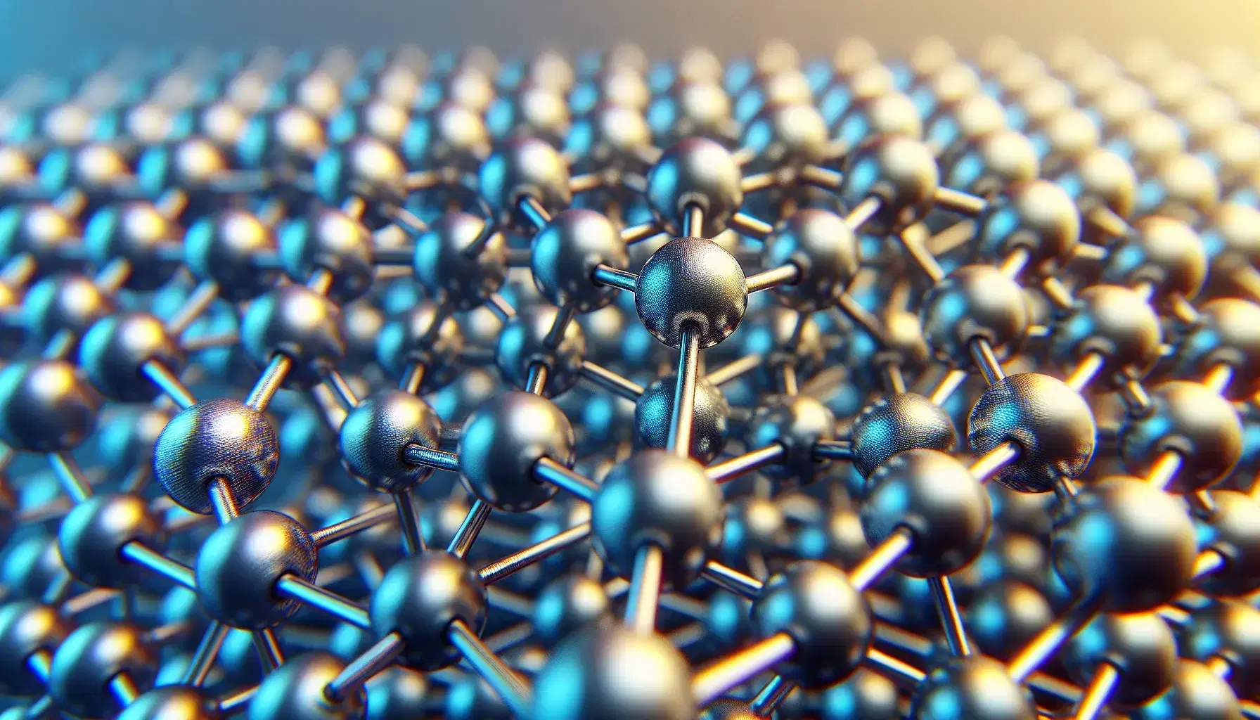Three-dimensional crystalline structure with silver, gold and blue colored atoms, joined by metallic gray bonds on a blue-white gradient background.