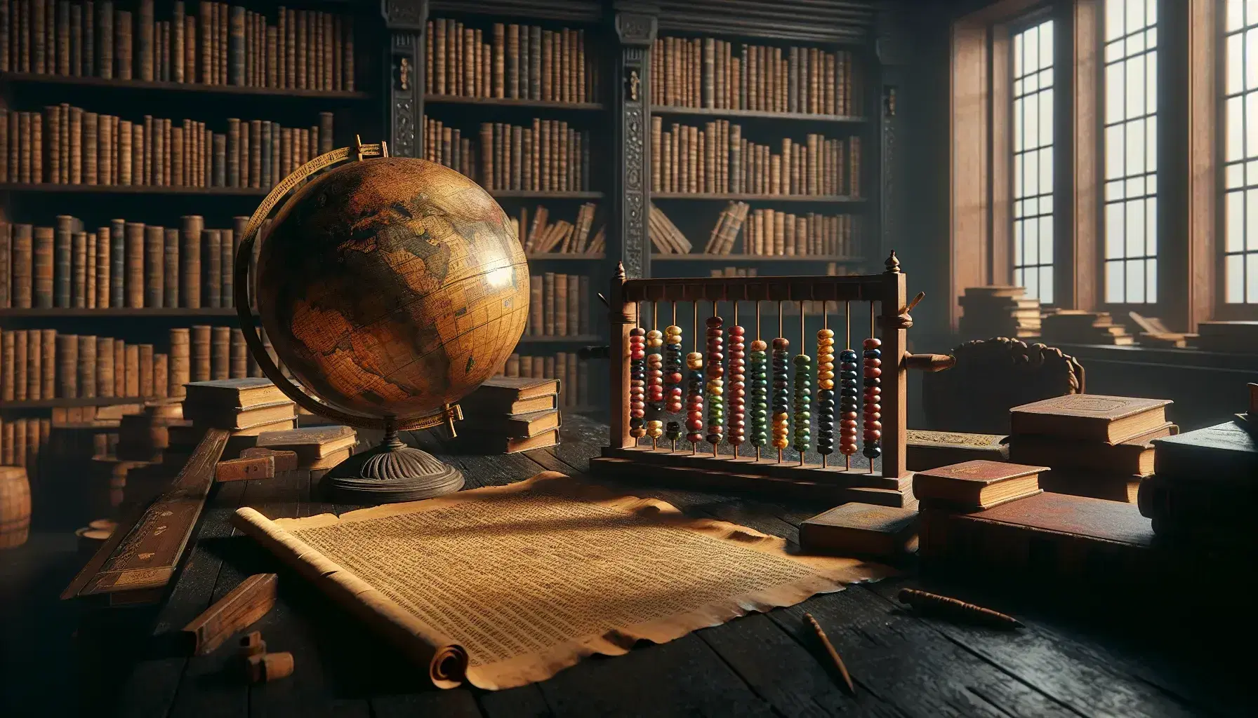 Biblioteca antigua con mesa de madera oscura, globo terráqueo antiguo sin texto, ábaco de colores y pergamino parcialmente desenrollado, estantes con libros y ventana iluminando suavemente.
