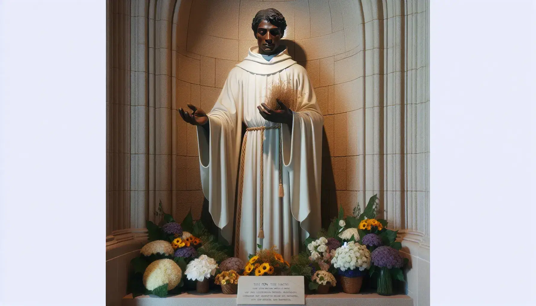 Estatua a tamaño real de hombre con hábito religioso blanco y capa negra en nicho de piedra, extendiendo la mano y sosteniendo un cepillo, rodeado de ramos de flores frescas.