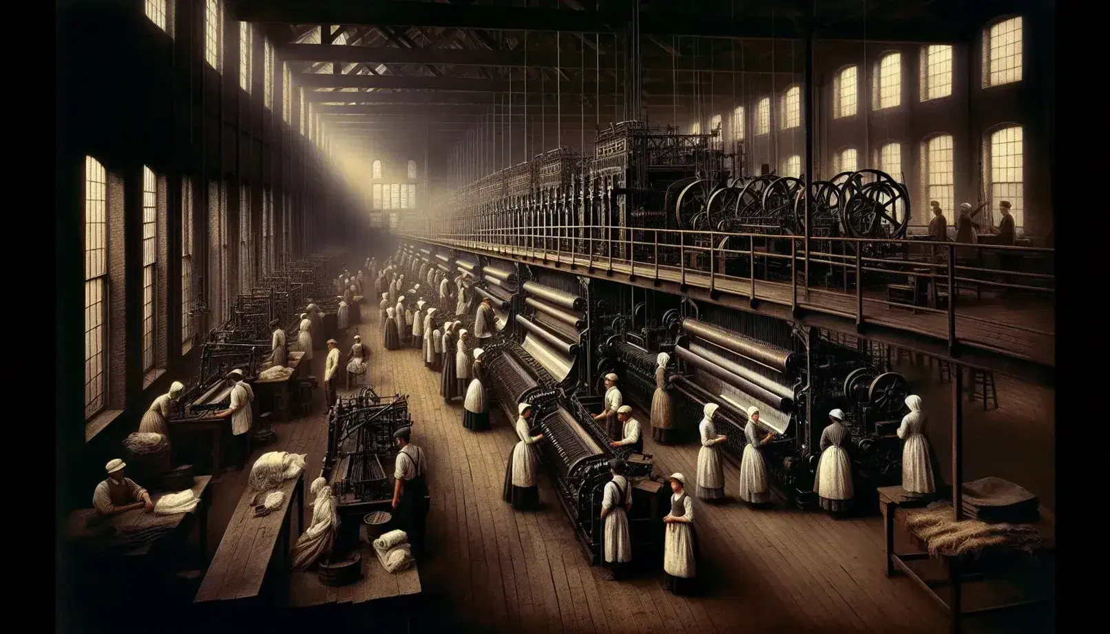 Interno di una fabbrica dell'epoca della Rivoluzione Industriale con operai intenti a lavorare su antichi telai meccanici illuminati da luce naturale.