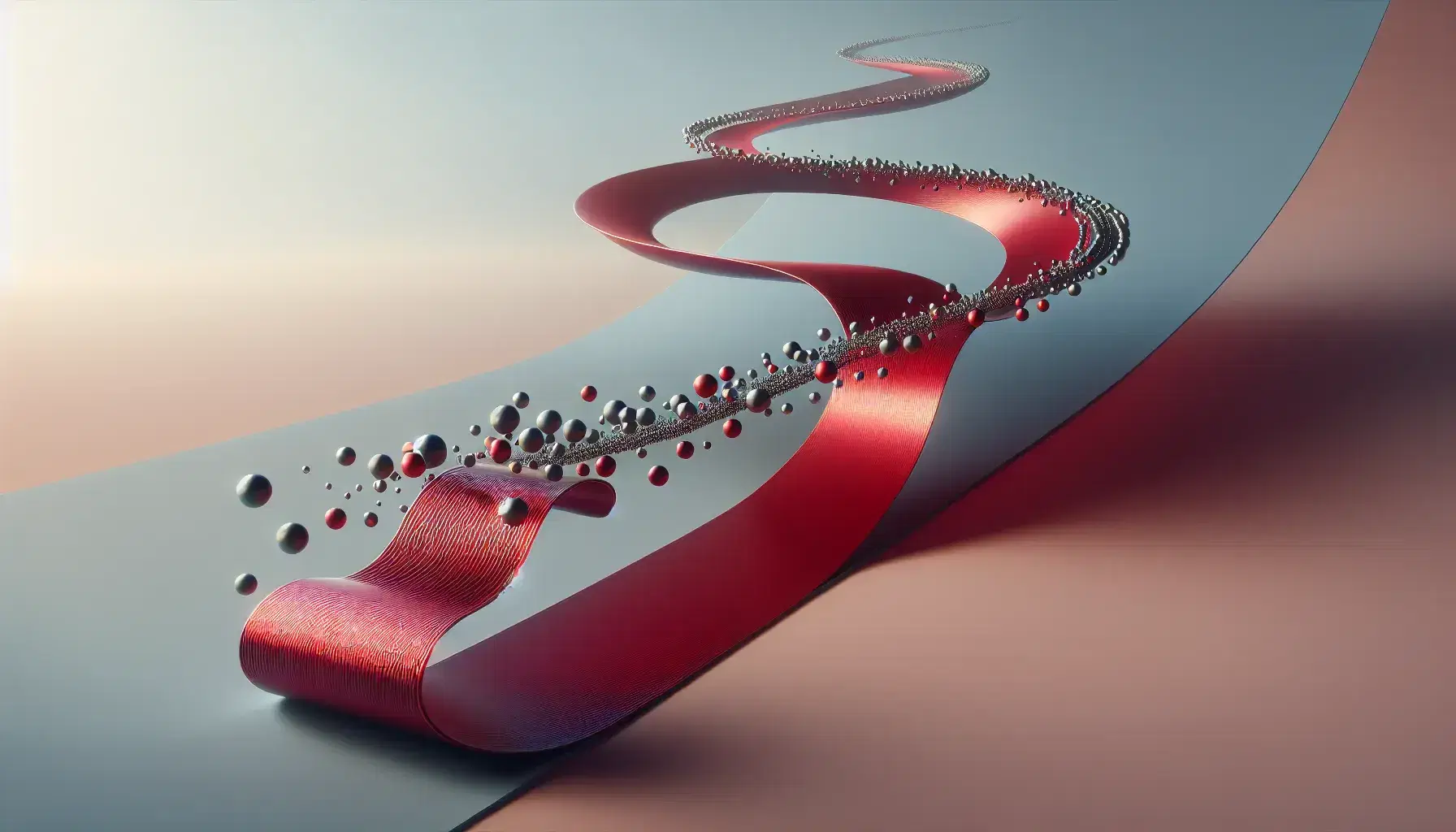 Undulating deep red ribbon-like path with evenly spaced metallic spheres floating above, set against a soft pale blue background, evoking a sense of motion and tranquility.