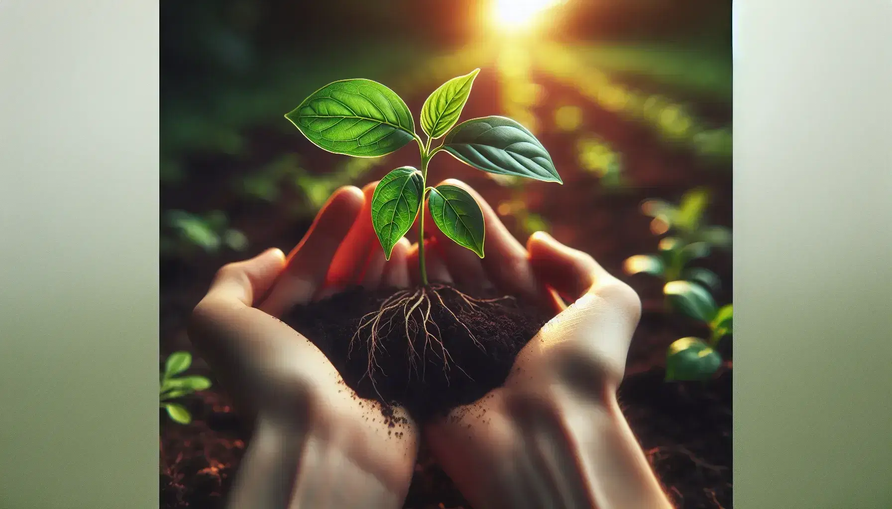 Hands cradling a young plant with vibrant leaves and soil, against a soft-focus background of sunlit greenery, conveying growth and care.
