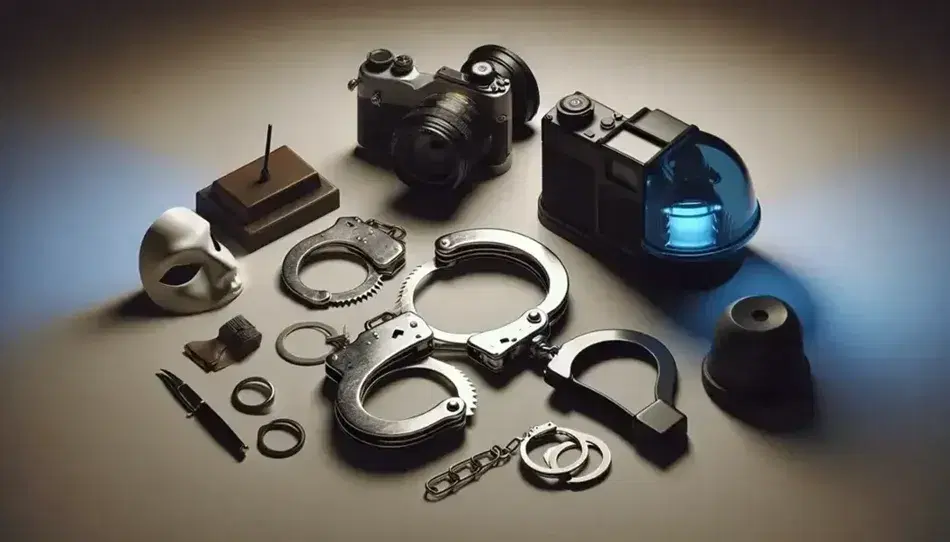 Shiny metal handcuffs, magnifying glass with black handle, traditional camera, blue police siren and anonymous white mask on neutral background.