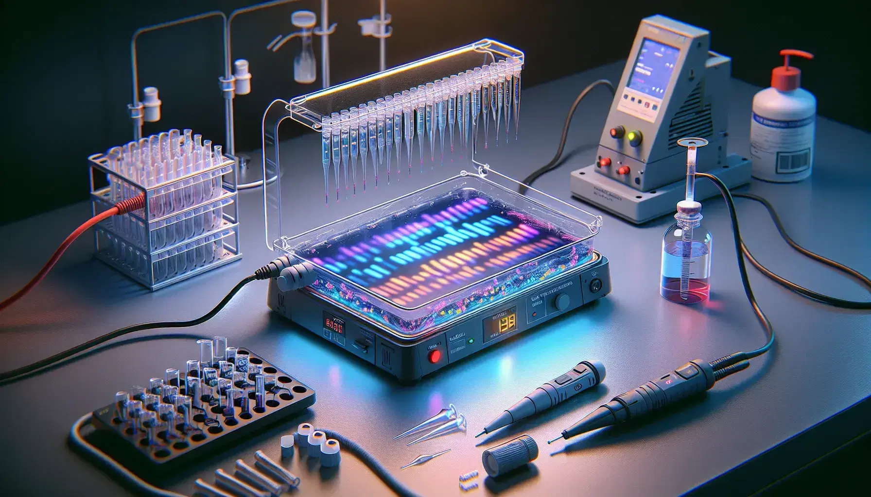 Apparato di elettroforesi su gel di agarosio con bande di DNA colorate, pipetta automatica, punte di ricambio e lampada UV in laboratorio di ricerca.