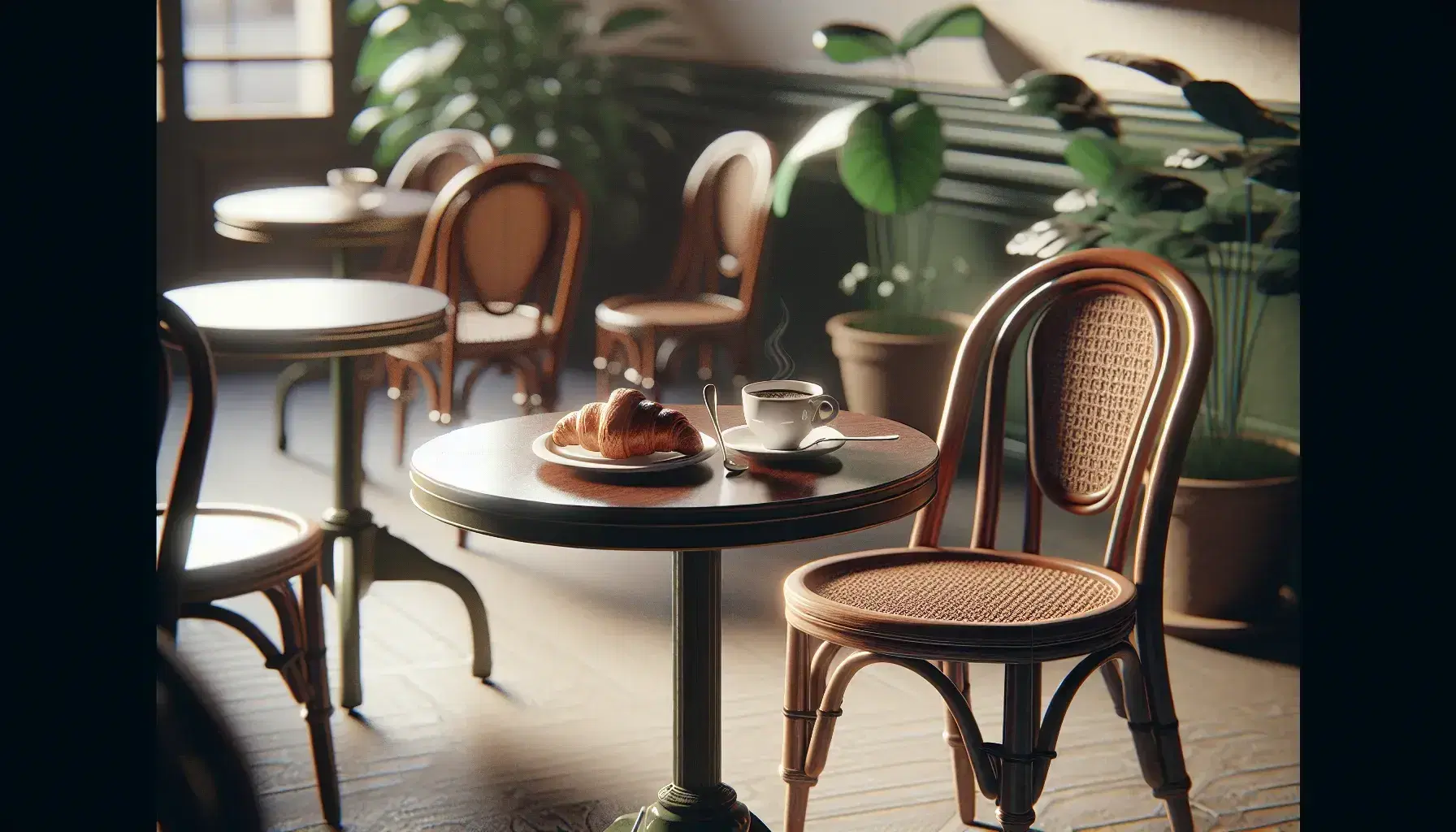 Traditional French café scene with a glossy wooden table, a half-filled coffee cup with a saucer, a flaky croissant on a plate, and rattan chairs.