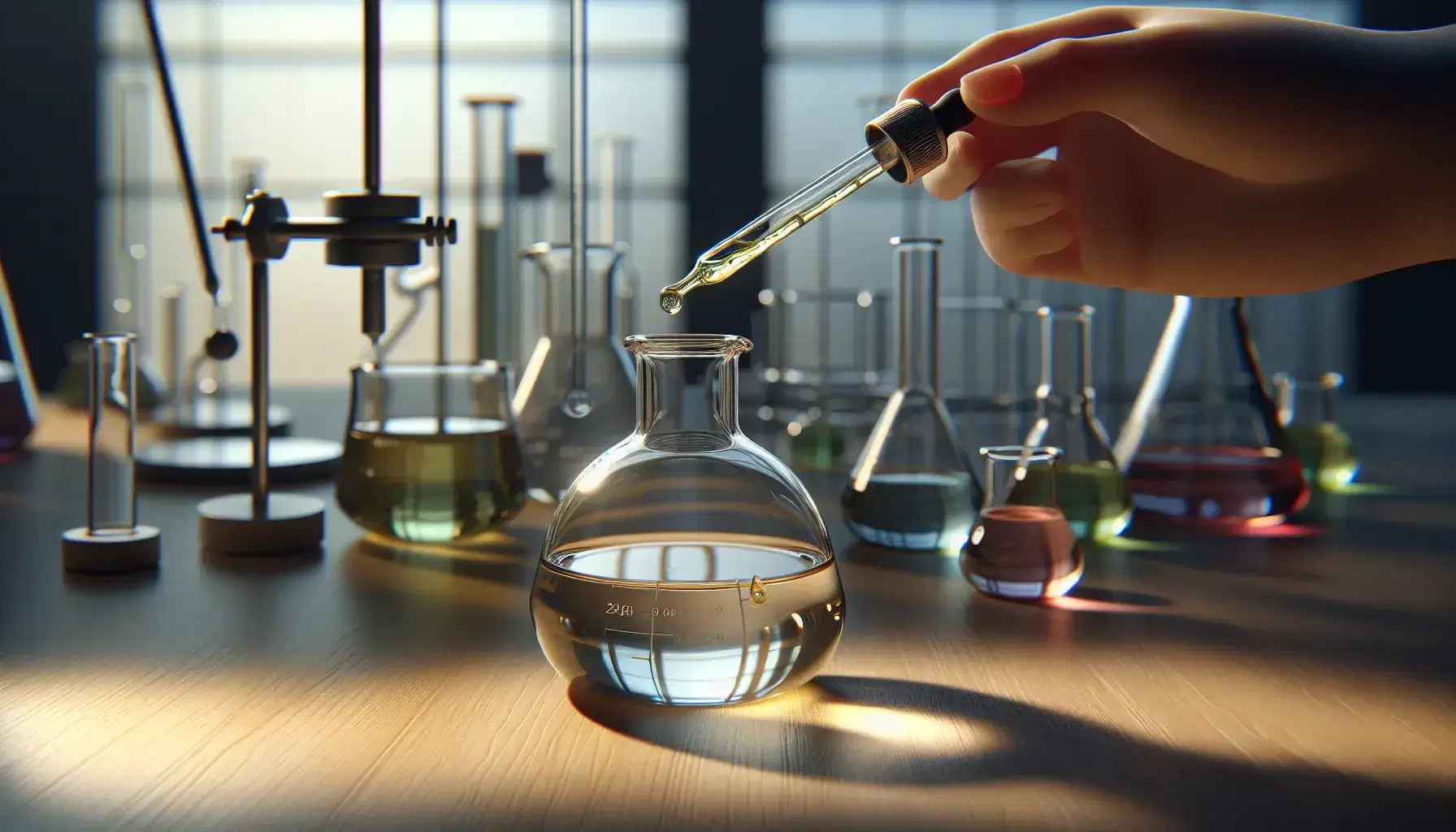Glass flask on wooden laboratory bench with clear liquid and yellow drops from dropper, blurred background with colored glassware.