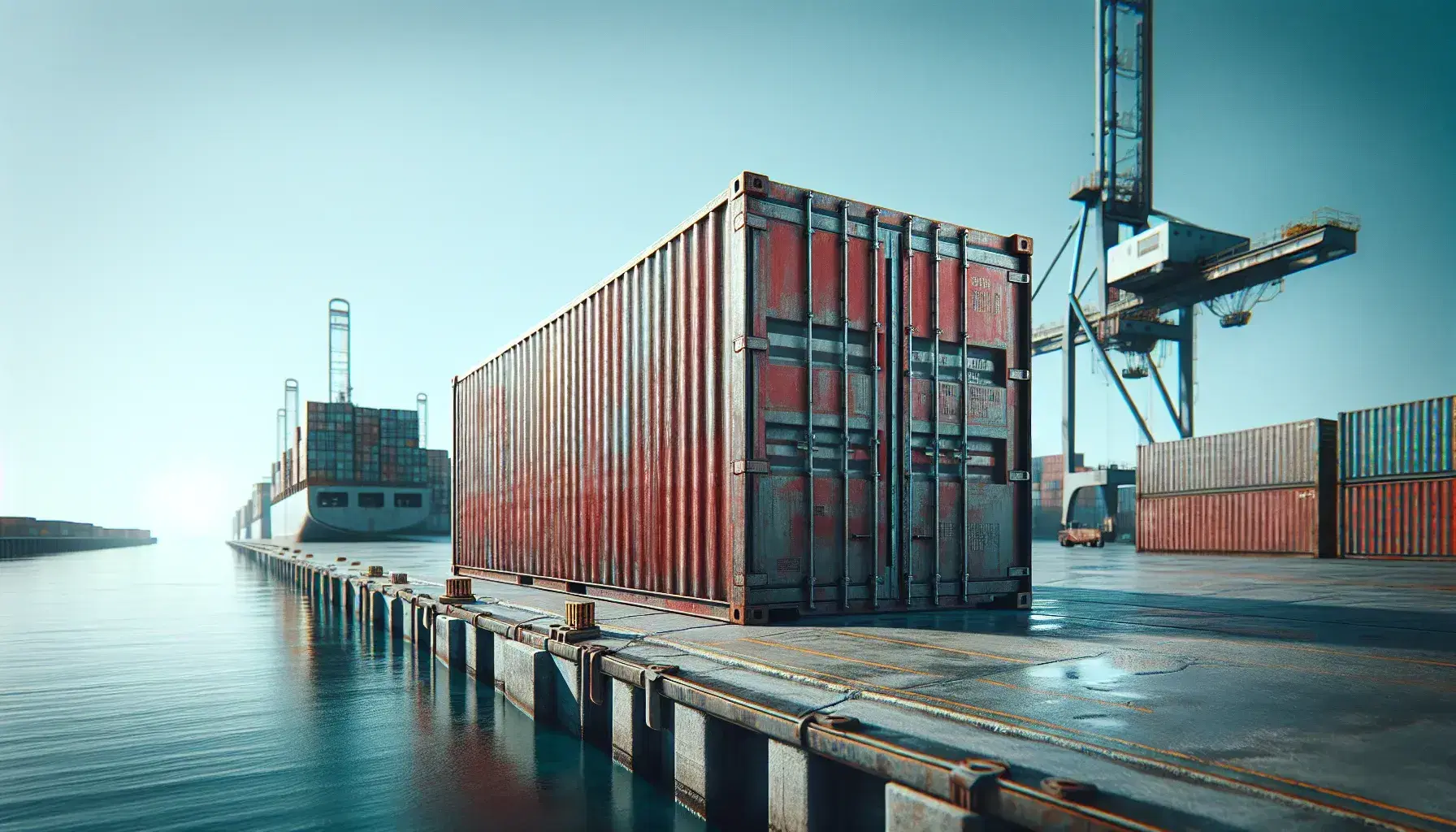 Rusty, faded red shipping container on an empty commercial dock with idle cranes against a clear blue sky, reflecting a sense of abandonment.