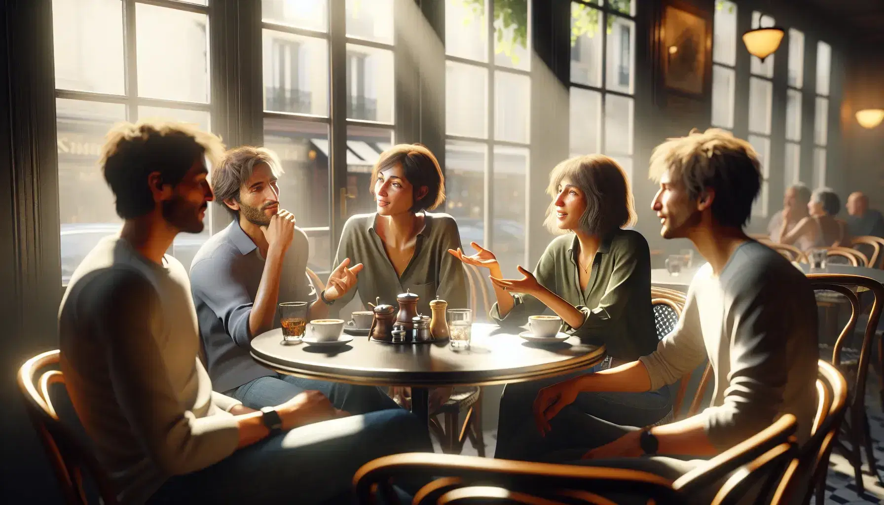 Round table discussion in a sunlit French café with four diverse individuals, coffee cups, a croissant, and a cozy ambiance near a large window.