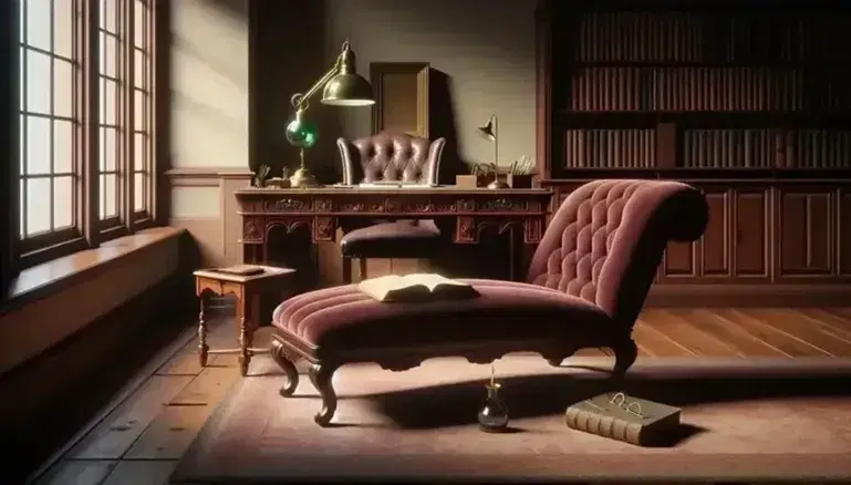 Early 20th century psychiatric office with burgundy chaise longue, wooden desk, brass lamp, bound books and Persian carpet.