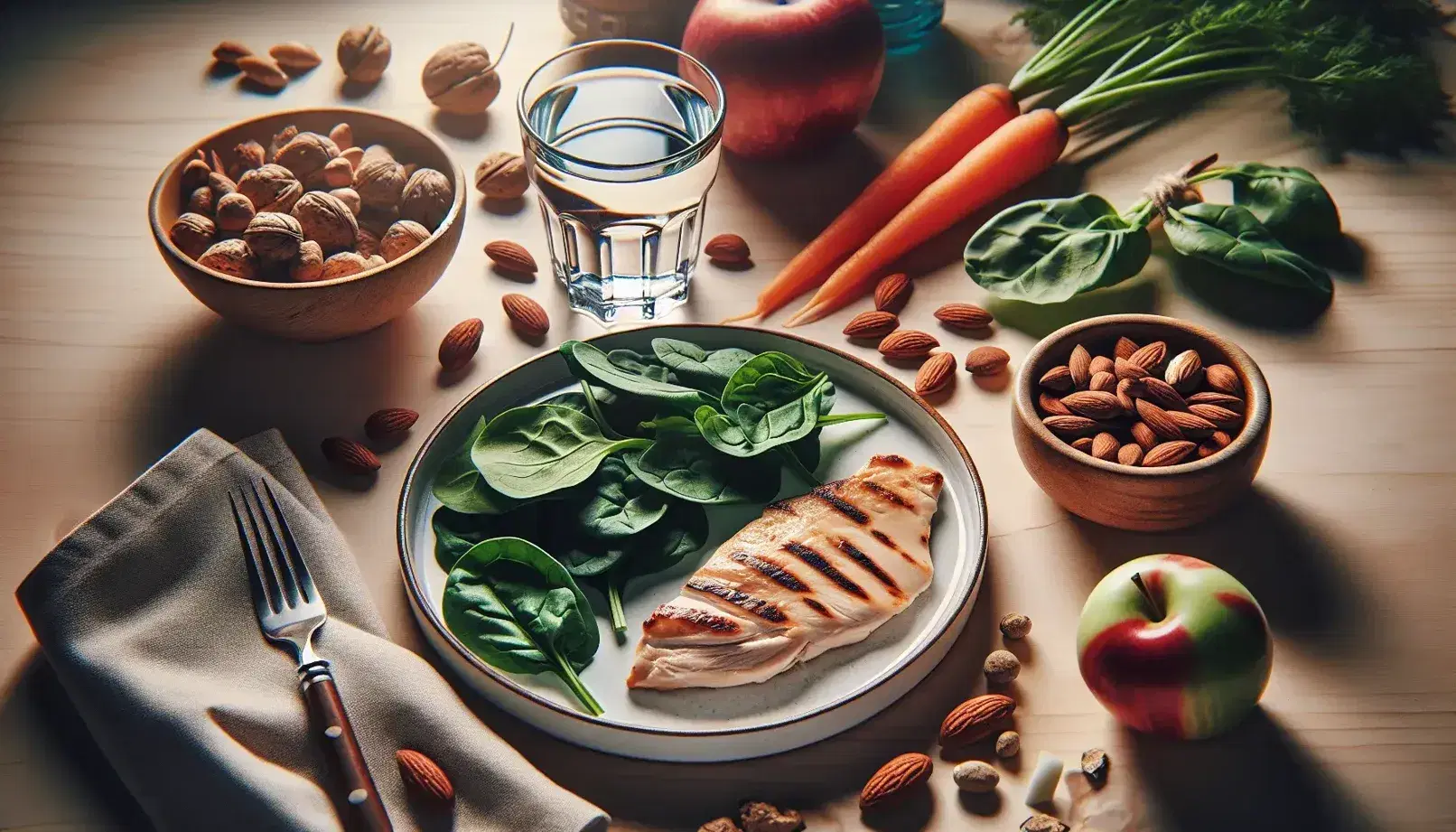Composizione alimentare equilibrata su tavolo di legno chiaro con piatto di verdure a foglia verde e petto di pollo grigliato, frutta secca in ciotola, carote fresche e bicchiere d'acqua.