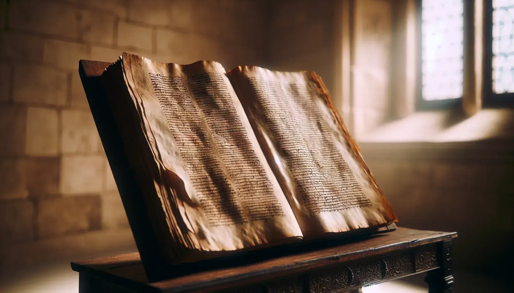 Manoscritto antico su leggio in legno scuro, pagine avorio ingiallite con testo manoscritto, sfondo di muro in pietra.