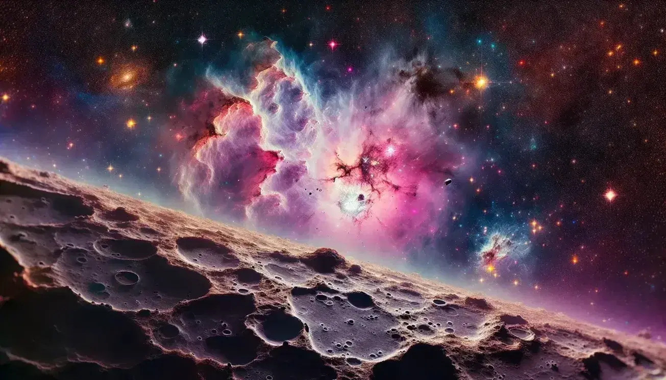 Vista panorámica del espacio con nebulosa en tonos rosas, púrpuras y azules, campo estelar denso y fragmento de cuerpo celeste rocoso en primer plano.