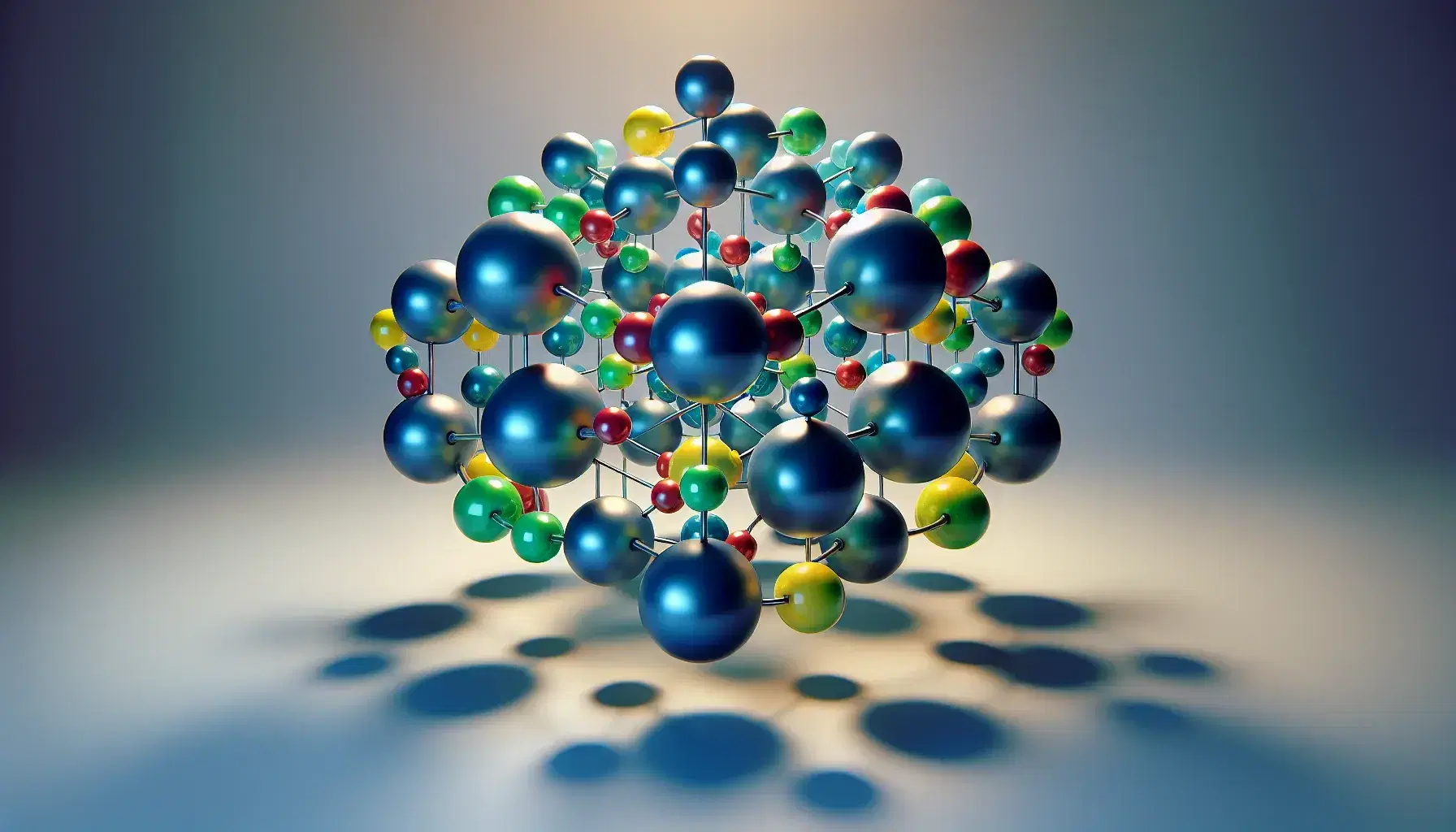 Sfere colorate sospese a varie altezze che simulano la struttura atomica con sfere blu centrali maggiori e sfere periferiche multicolore.
