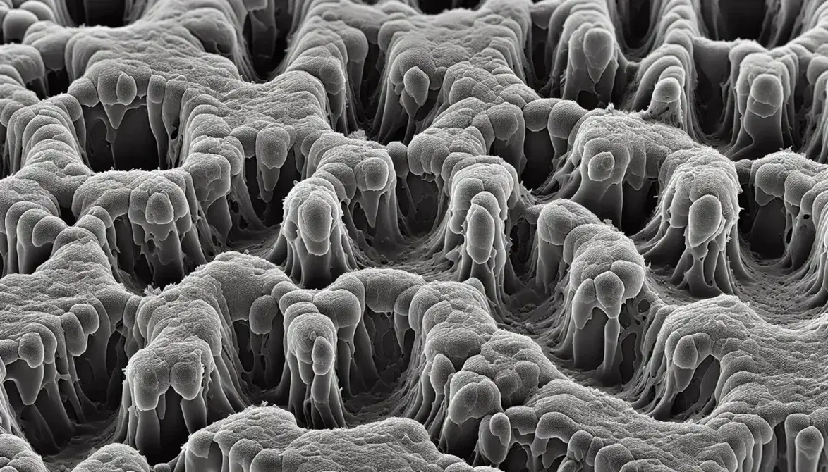 Micrografía electrónica de barrido mostrando tejido epitelial con células poligonales y microvellosidades en superficie, sobre membrana basal.
